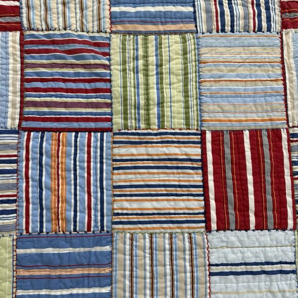 Pottery Barn Kids TWIN 3-Pc Set Quilt Shams Patchwork Stripes Blue Red Cotton - Picture 13 of 13